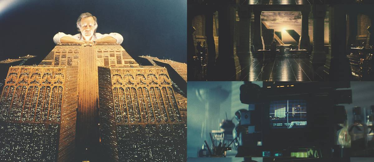 La présence d'un humain dans l'image de gauche valide l'interprétation des bâtiments comme un décor, mais le point de vue travaillé dans celle en haut à droite participe à maintenir l'illusion. En-dessous, les immeubles en arrière-plan nous rappellent que la gestion de l'espace au cinéma s'appuie aussi sur des illusions de perspective.