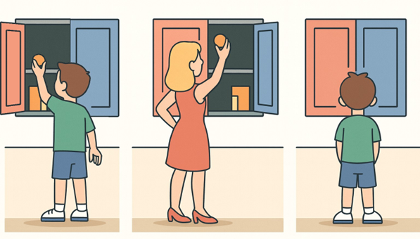 Test de fausse croyance de Sally-Anne. Un enfant place une balle orange dans le placard rouge, puis quitte la pièce. En son absence, sa mère déplace la balle dans le placard bleu. La question posée est : « Où l'enfant va-t-il chercher la balle à son retour ? » Pour réussir ce test, il faut comprendre que l'enfant cherchera dans le placard rouge, car il ignore que la balle a été déplacée — ce qui nécessite de se représenter les croyances d'autrui comme distinctes de la réalité.